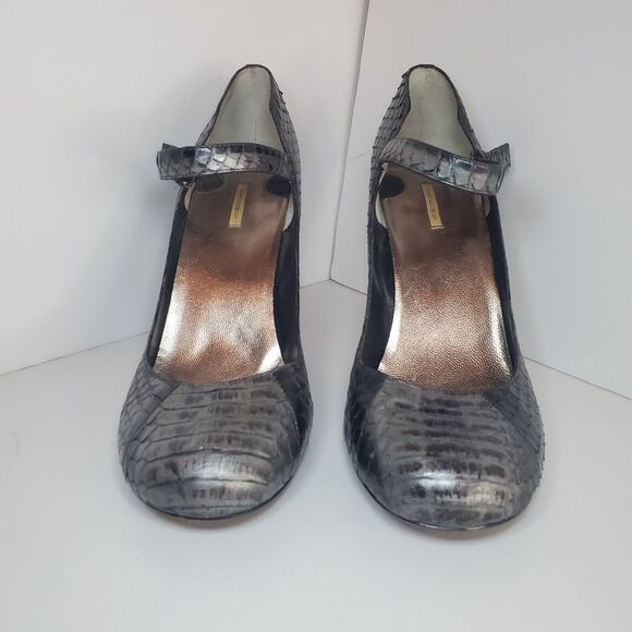 Max Studio Women Mary Jane Pump Size 9.5 Snakeskin Gray Silver Retro Strap Heels - Picture 4 of 9